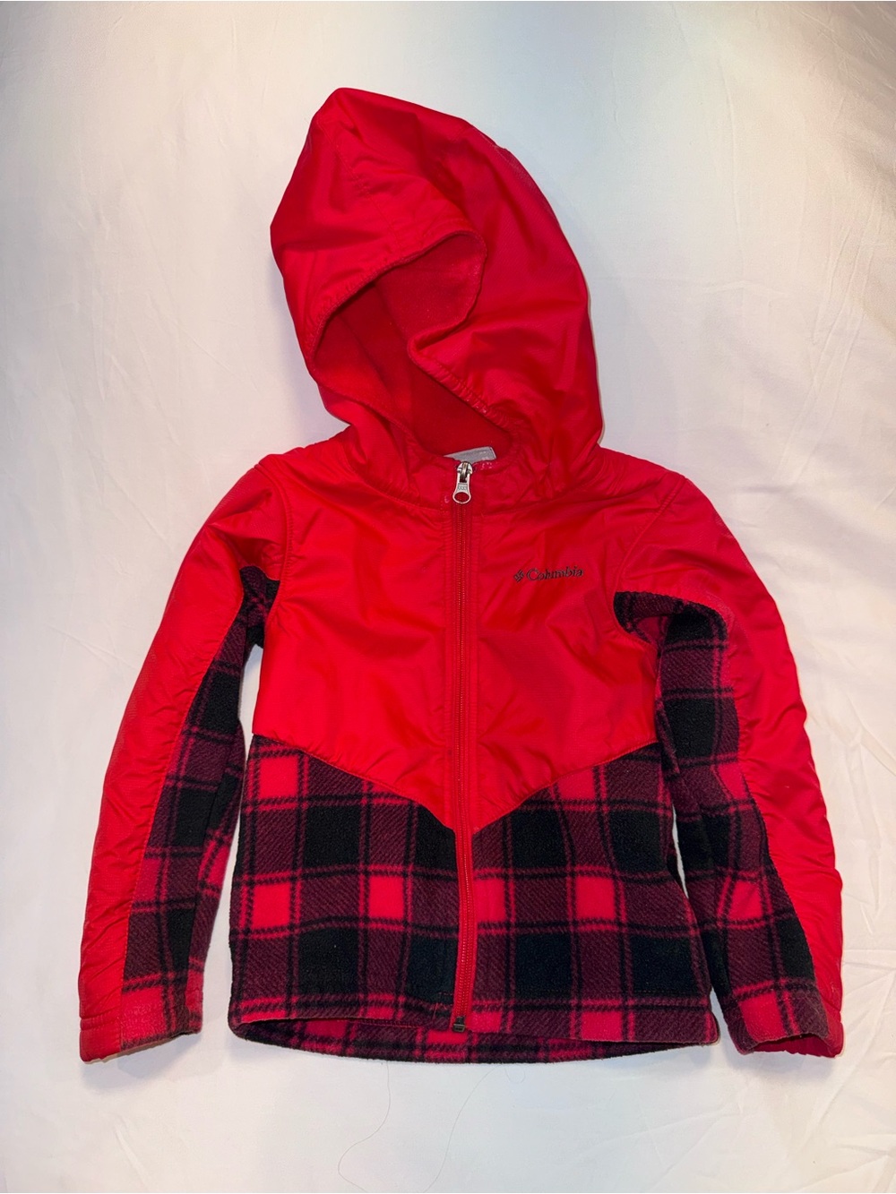 Columbia Red Hooded Fleece Jacket with Black-Red Plaid